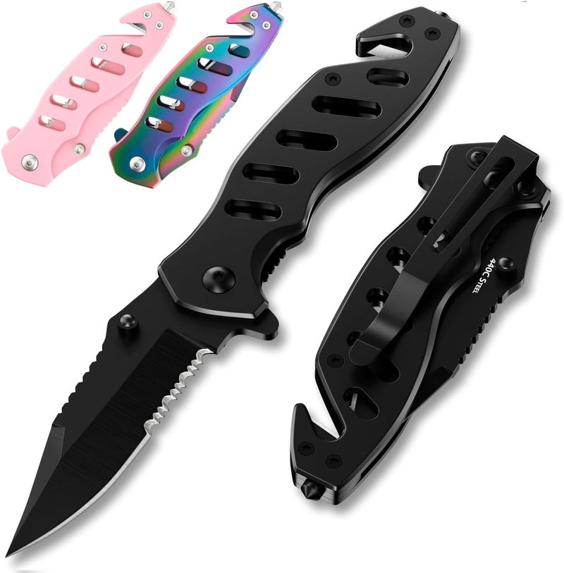 GOOD WORKER Tactical Legal Knife for Men Women - 2.68 inch Serrated Blade - Small Black Pocket Knives with Glass Breaker Seatbelt Cutter - Cool Folding Tool for Camping Work EDC - Mens Birthday Gift Ideas 6655 B - Image 1
